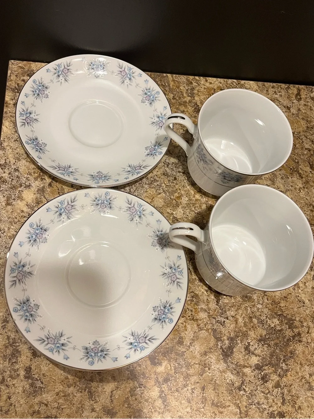 The Wentworth Collection Avington Tea Cups and Saucers with Silver Trim Set of 2